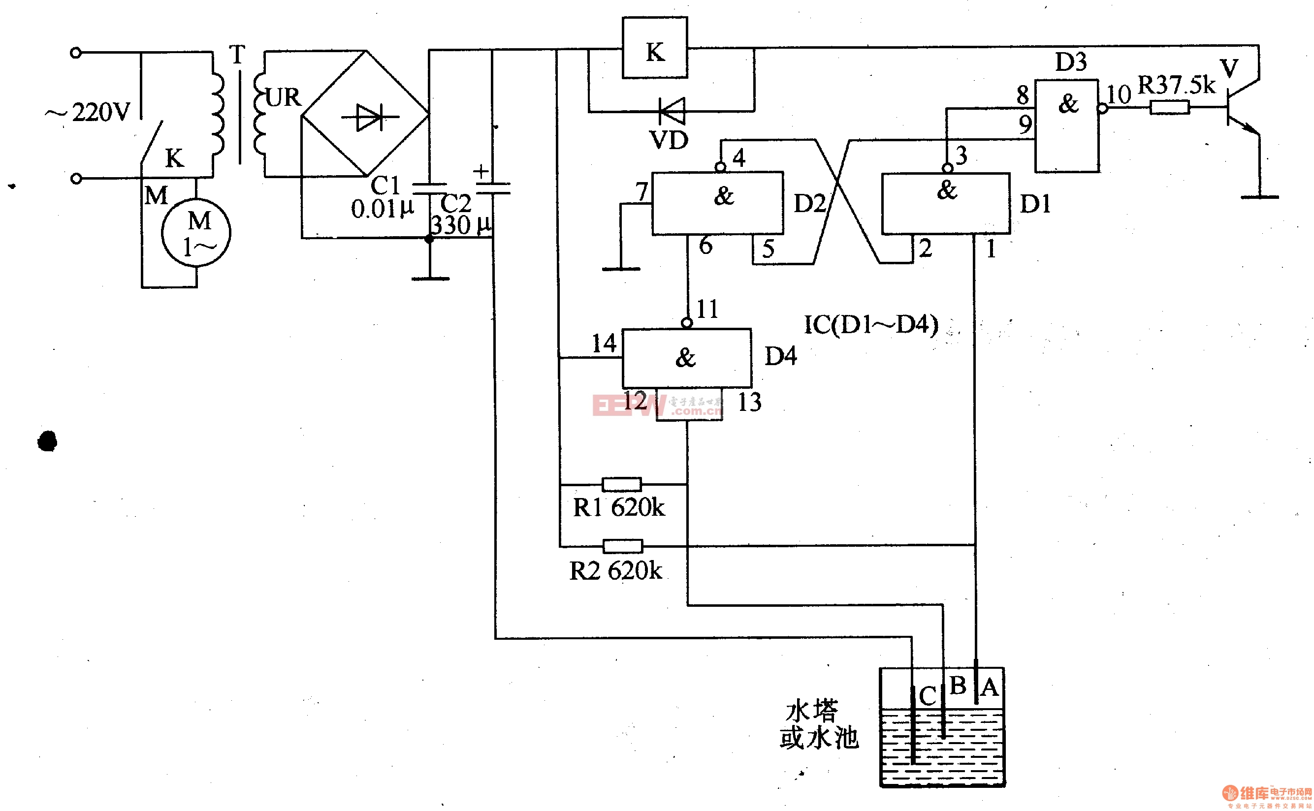 电路工作原理本例介绍的液位自动控制器,电路简单易制,无需调试,可