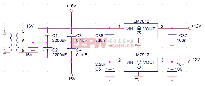 输出双组正负电压12v的稳压电源电路图