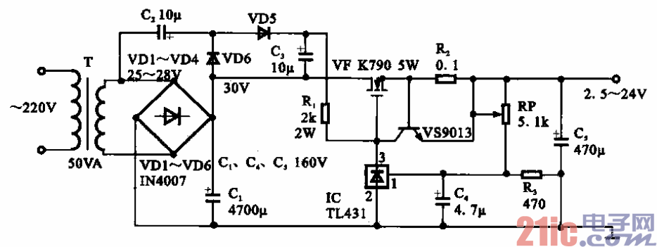 稳压电源电路所示是一种可调直流稳压电源电路,该电路是由降压变压器t