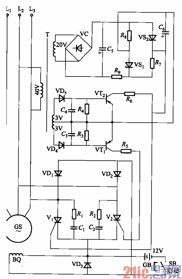 发电机的励磁由单相半控桥式整流电路(vl,v2,vdi,vd2) 供电