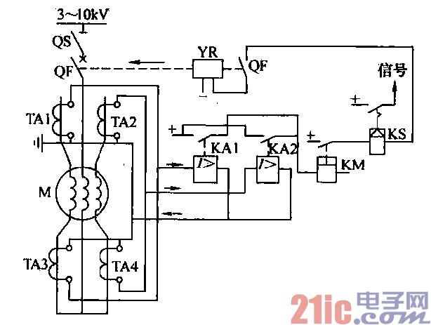 电动机盖动保护可采用两相两继电器式接线,如图所示