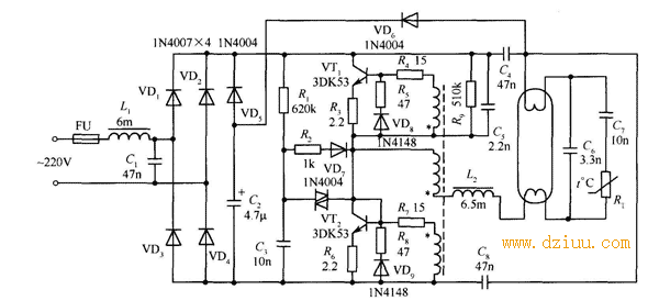日光灯电子整流器电路工作原理及电路图